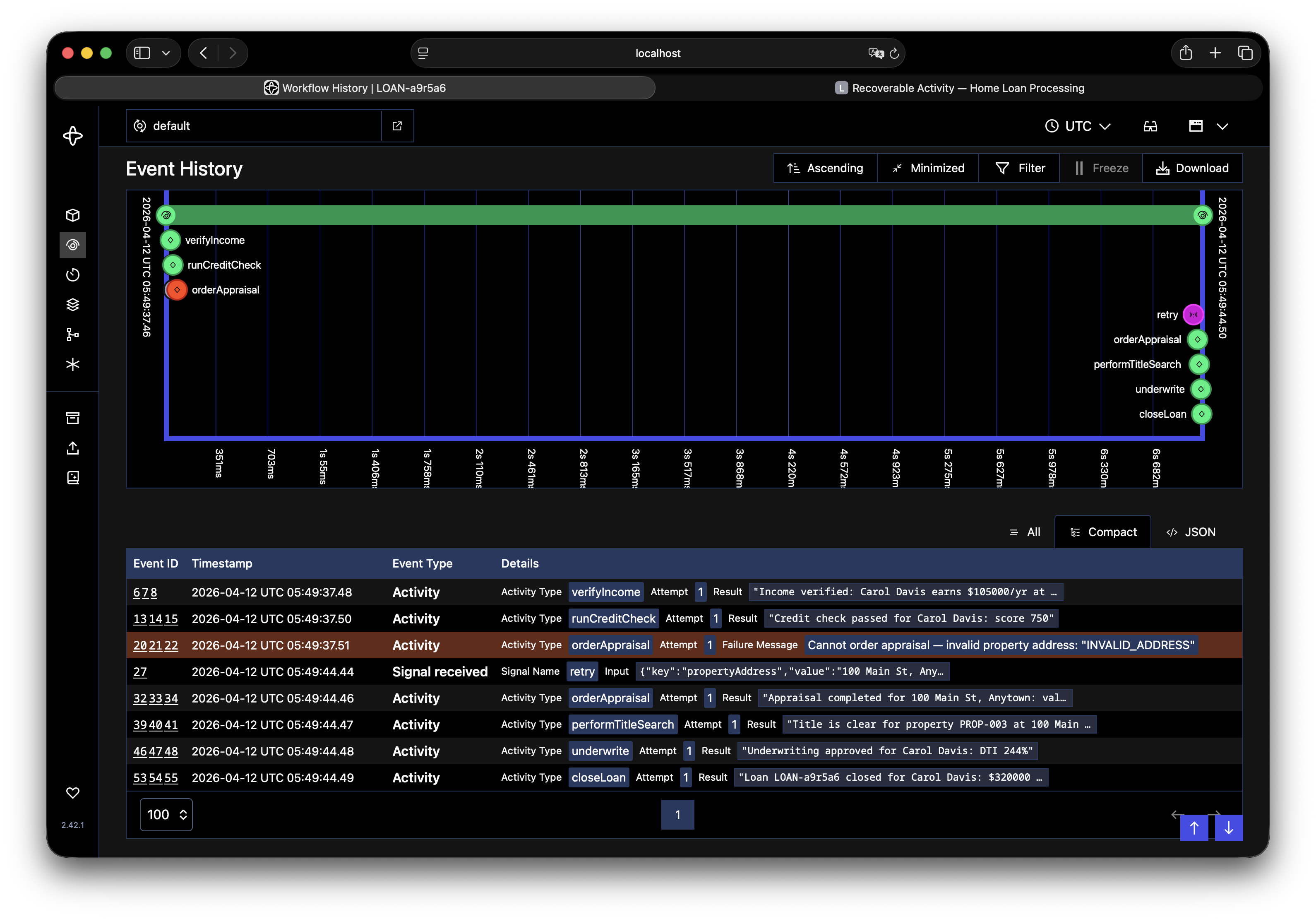 Event History in the Temporal Web UI showing the Signal and Activity completions
